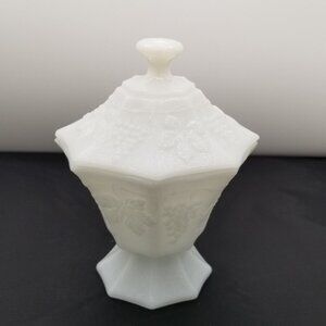 Vintage Milk Glass Footed Compote Candy Dish with Lid Grapes Leaves Pattern